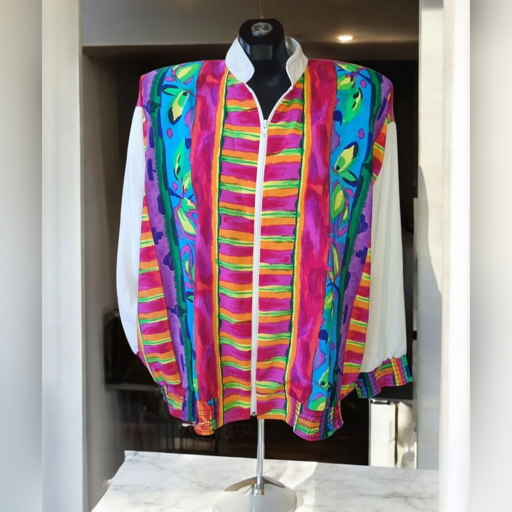 Vintage 80s Jordana Vibrant Colorful Ladies Zip Bomber Jacket